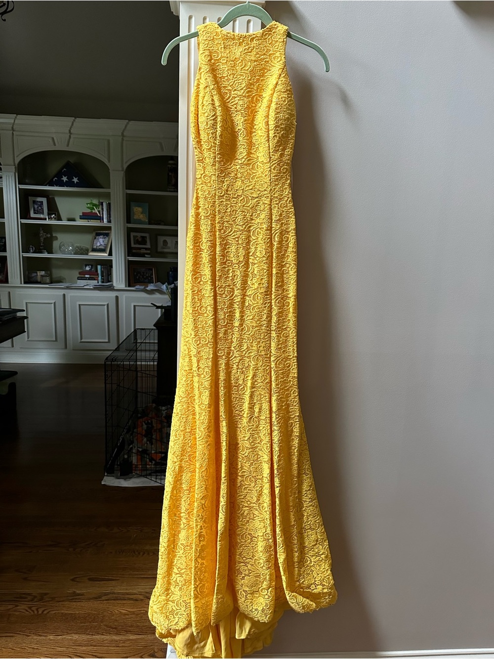 La Femme Yellow Lace Prom Gown